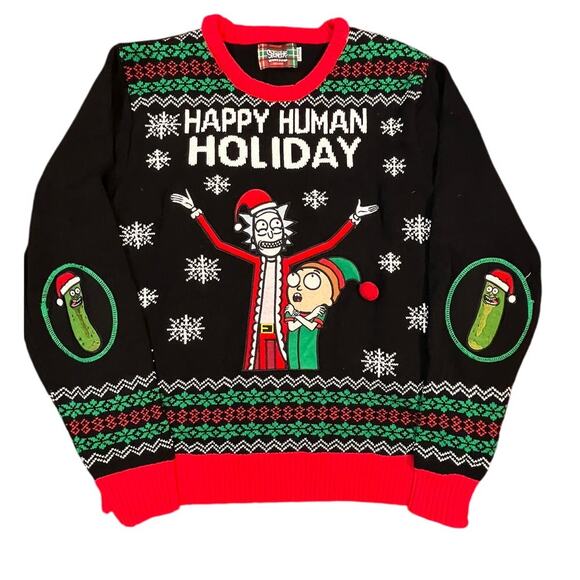 Spencers Workshop LightUp Ugly Christmas Holiday Rick Morty Happy Human Sweater - Picture 1 of 8